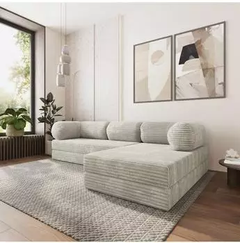 Masseno ETERA Ecksofa mit Schlaffunktion, hellgrau, Kordstoff, 270x160cm (800001993739)