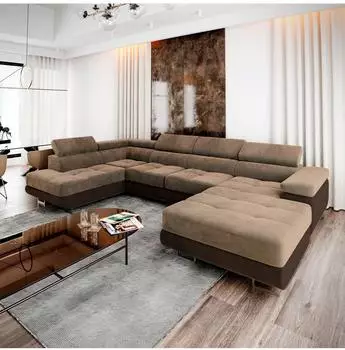 Masseno Casone Wohnlandschaft U-Form Velours beige mit Schlaffunktion (800001094121)