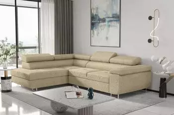 Fun M&ouml;bel JADE Ecksofa Boucl&eacute; Champagner, Schlaffunktion, Ottomane links