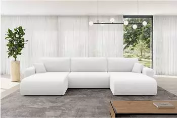 ALTDECOR Bery-U Wohnlandschaft U-Form mit Schlaffunktion, Boucl&eacute;, wei&szlig;, 377x193x88cm