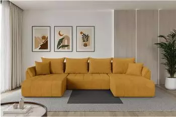 ALTDECOR Toko-U Wohnlandschaft U-Form mit Schlaffunktion & Bettkasten, Cord, senfgelb, 378x194x86cm (800002084600)