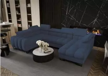 Fun M&ouml;bel Bastien Schlafsofa Wohnlandschaft, Stoff Terra blau, Ottomane rechts
