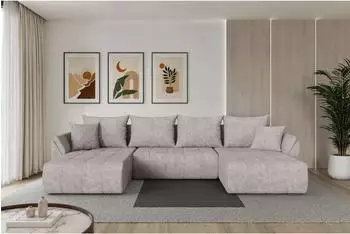 ALTDECOR TOKO-U Wohnlandschaft U-Form mit Schlaffunktion, hellgrau, Velours, 378x194x86cm (800002084601)