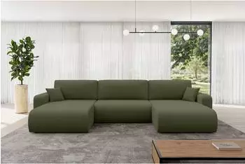 ALTDECOR BERY-U Wohnlandschaft U-Form Boucl&eacute; olivgr&uuml;n mit Schlaffunktion 377x193x88cm (800002085788)