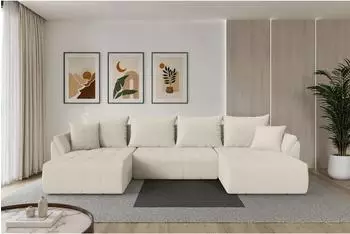 ALTDECOR Toko-U Wohnlandschaft U-Form mit Schlaffunktion & Bettkasten, Boucl&eacute;, beige, 378x194x86cm (800002084603)