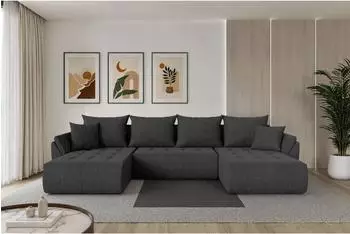 ALTDECOR TOKO-U Wohnlandschaft U-Form Schlaffunktion Bettkasten dunkelgrau Velours 378x194x86cm (800002084602)