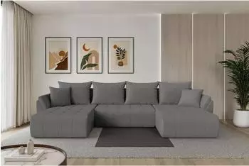 ALTDECOR Toko-U Wohnlandschaft U-Form mit Schlaffunktion, Boucl&eacute;, grau 378x194x86cm (800002084594)