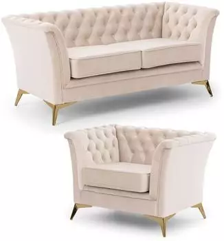 S-Style M&ouml;bel Whitby Chesterfield Polstergarnitur 2+1, Samt, beige (800001098013)