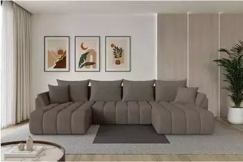 ALTDECOR TOKO-U-v1 Wohnlandschaft U-Form mit Schlaffunktion, Boucl&eacute;, braun, 378x194x86cm (800002085977)