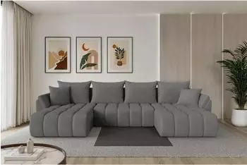 ALTDECOR TOKO-U-v1 Wohnlandschaft U-Form mit Schlaffunktion, grau Boucl&eacute;, 378x194x86cm (800002085944)
