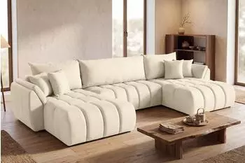 WFL GROUP Iris U Ecksofa mit Schlaffunktion & Bettkasten, beige Samt, 382x184cm (800002100812)