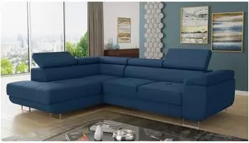 Sofnet Caris Ecksofa Cord, Schlaffunktion, Bettkasten, Ottomane links, blau (Poso 005)