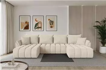 ALTDECOR TOKO-U-v1 Wohnlandschaft U-Form mit Schlaffunktion, Velours, creme, 378x194x86cm (800002085920)