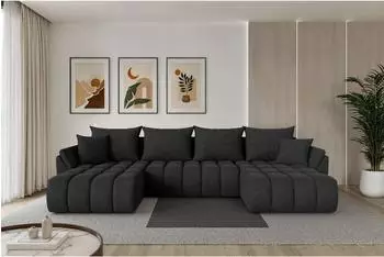 ALTDECOR TOKO-U-v1 Wohnlandschaft U-Form mit Schlaffunktion, Velours, schwarz, 378x194x86cm (800002085913)