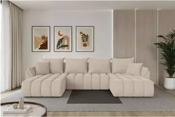 ALTDECOR TOKO-U-v1 Wohnlandschaft U-Form mit Schlaffunktion, Velours, beige, 378x194x86cm (800002085973)
