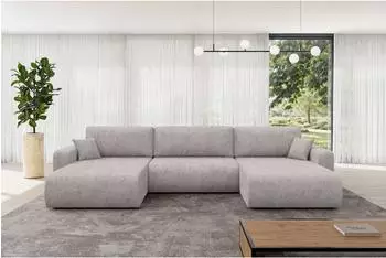 ALTDECOR BERY-U Wohnlandschaft U-Form mit Schlaffunktion, hellgrau, Velours, 377x193x88cm (800002085778)