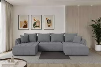 ALTDECOR TOKO-U Wohnlandschaft U-Form mit Schlaffunktion, Velours, grau, 378x194x86cm (800002084599)