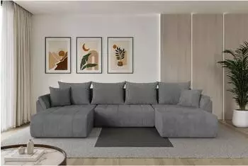 ALTDECOR Toko-U Wohnlandschaft U-Form mit Schlaffunktion & Bettkasten, dunkelgrau, Cord, 378x194x86cm (800002084593)