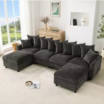 OKWISH Modulares Ecksofa 6-Sitzer Chenille grau mit 2 Hockern & USB/Type-C
