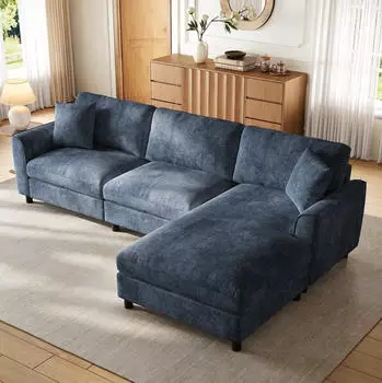 OKWISH Ecksofa 3-Sitzer Chenille, umstellbares Liegeelement, blau, 256x137x79cm