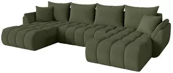 ALTDECOR TOKO-U-v1 Wohnlandschaft U-Form mit Schlaffunktion, Bouclé, olivgrün, 378x194x86cm (800002085969)