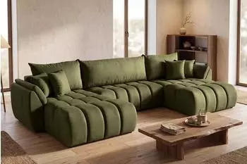 WFL GROUP Iris U Ecksofa mit Schlaffunktion & Bettkasten, olivgr&uuml;ner Samt, 382x184cm