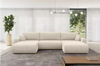 ALTDECOR Bery-U Wohnlandschaft U-Form mit Schlaffunktion, Bettkasten, Velours creme, 377x193x88cm (800002085870)