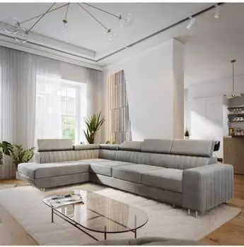 Masseno Hestion Ecksofa Hellgrau Velours mit Schlaffunktion (800002130737)