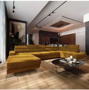 Masseno GAIAN Wohnlandschaft U-Form, gelb, Velours, Schlaffunktion (800002130570)