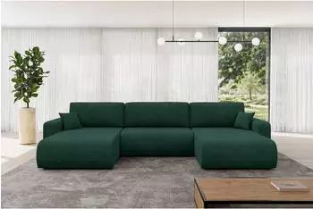 ALTDECOR Bery-U Wohnlandschaft U-Form mit Schlaffunktion & Bettkasten, Velours gr&uuml;n, 377x193x88cm (800002085814)