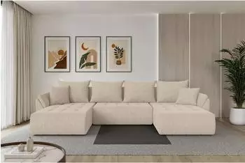 ALTDECOR Toko-U Wohnlandschaft U-Form mit Schlaffunktion, beige Velours, 378x194x86cm (800002084598)