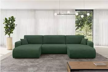 ALTDECOR Bery-U Wohnlandschaft U-Form mit Schlaffunktion, Cord, dunkelgr&uuml;n, 377x193x88cm (800002085867)