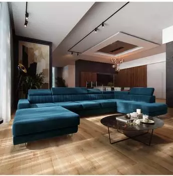 Masseno Gaian Ecksofa U-Form Velours blau mit Schlaffunktion (800002130579)