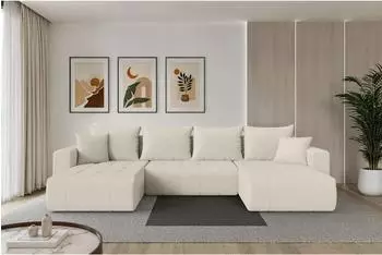 ALTDECOR Mila-U Wohnlandschaft U-Form mit Schlaffunktion, beige Bouclé, 378x194x86cm (800002085329)