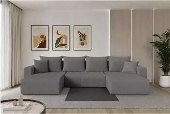 ALTDECOR Mila-U Wohnlandschaft U-Form mit Schlaffunktion, grau, Bouclé, 378x194x86cm (800002085338)