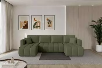 ALTDECOR Gard-U Wohnlandschaft U-Form mit Schlaffunktion, olivgrün, Bouclé, 300x146x85cm (800002086009)