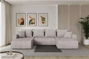 ALTDECOR Mila-U Wohnlandschaft U-Form mit Schlaffunktion, hellgrau, Velours, 378x194x86cm (800002085302)