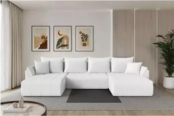 ALTDECOR Toko-U Wohnlandschaft U-Form mit Schlaffunktion, wei&szlig; Boucl&eacute;, 378x194x86cm (800002084604)