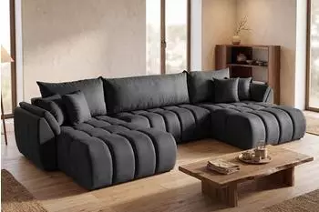WFL GROUP Iris U Ecksofa mit Schlaffunktion & Bettkasten, grauer Samt, 382x184cm (800002100814)