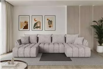 ALTDECOR TOKO-U-v1 Wohnlandschaft U-Form mit Schlaffunktion, Hellgrau Velours, 378x194x86cm (800002085962)