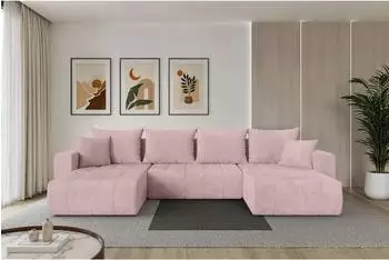 ALTDECOR Mila-U Wohnlandschaft U-Form mit Schlaffunktion & Bettkasten, Cord, rosa, 378x194x86cm (800002085340)
