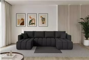 ALTDECOR Gard-U Wohnlandschaft U-Form mit Schlaffunktion & Bettkasten, Velours schwarz, 300x146x85cm (800002086027)