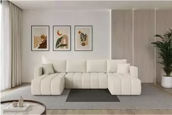 ALTDECOR Gard-U Wohnlandschaft mit Schlaffunktion & Bettkasten, Boucl&eacute;, beige, U-Form, 300x146x85cm (800002085972)