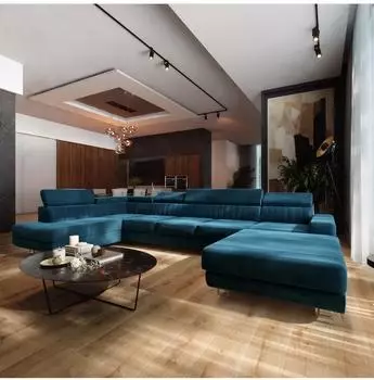 Masseno GAIAN Wohnlandschaft U-Form blau Velours mit Schlaffunktion (800002130692)