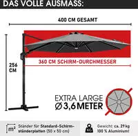 Brast Alu Sonnenschirm Ampelschirm &Oslash;360cm Grau + Leds & Sch&uuml;tzh&uuml;lle Uv-schutz