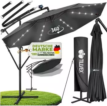 tillvex Ampelschirm LED Solar &Oslash; 300cm, Aluminium, anthrazit, UV-Schutz (TVSNS-008)