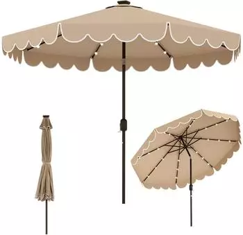 Costway Sonnenschirm 300cm mit LED-Beleuchtung, 8 Rippen, 35° neigbar, braun (ZB35314OR)