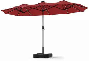 Costway Doppelsonnenschirm 370x200cm mit Ständer, LED-Solar, rot (ZB35888IZ)