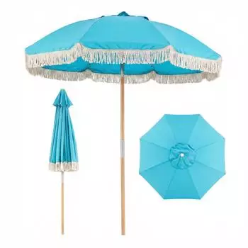 Costway Sonnenschirm Boho φ170cm mit Fransen, 30° knickbar, blau (ZB34917NX)