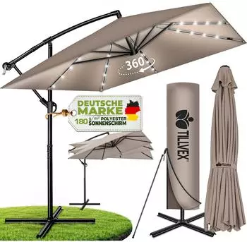 tillvex Ampelschirm rechteckig 330cm LED Solar, Aluminium, cappuccino (1687)